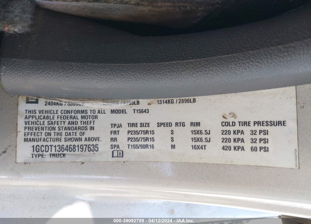 2006 CHEVROLET COLORADO LT VIN: 1GCDT136468197635