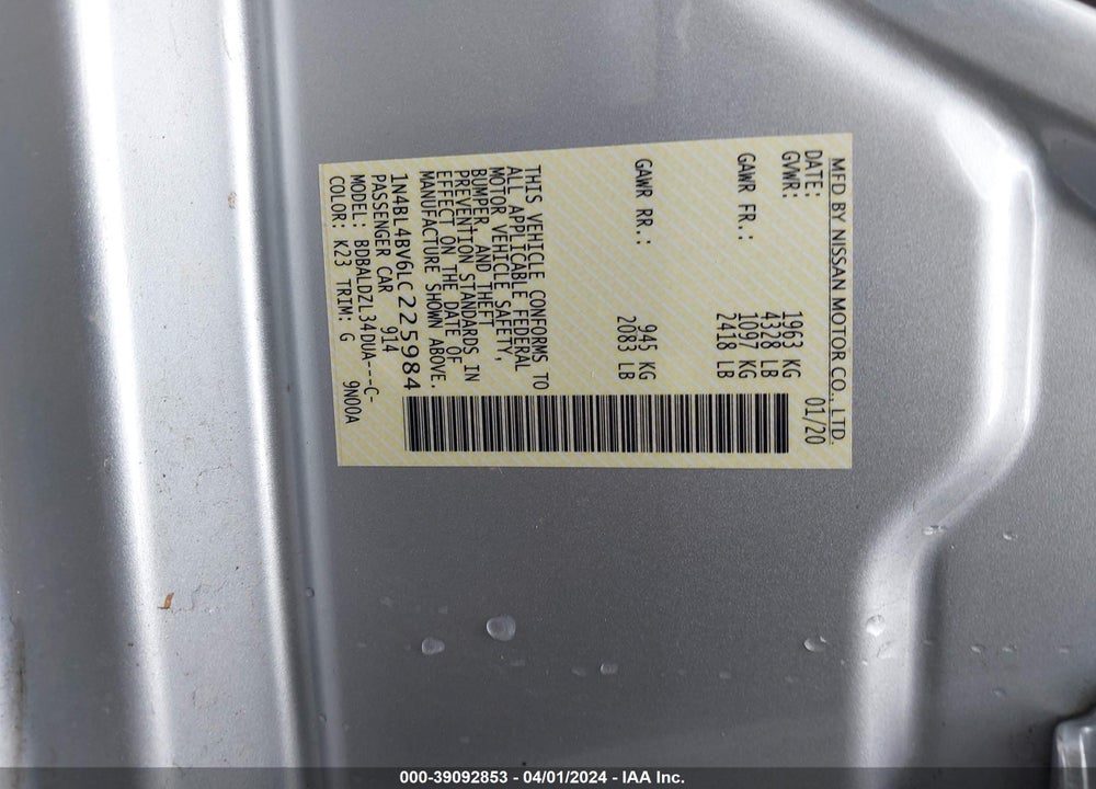 2020 NISSAN ALTIMA S FWD VIN: 1N4BL4BV6LC225984