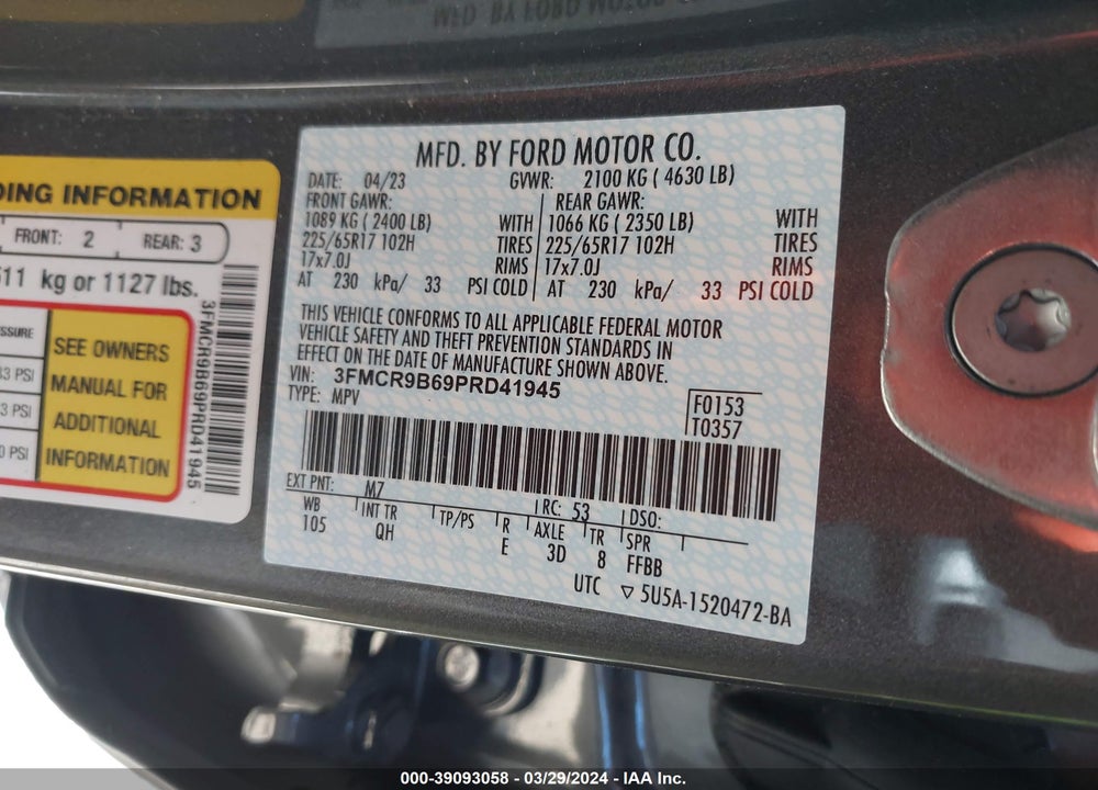 2023 FORD BRONCO SPORT BIG BEND VIN: 3FMCR9B69PRD41945