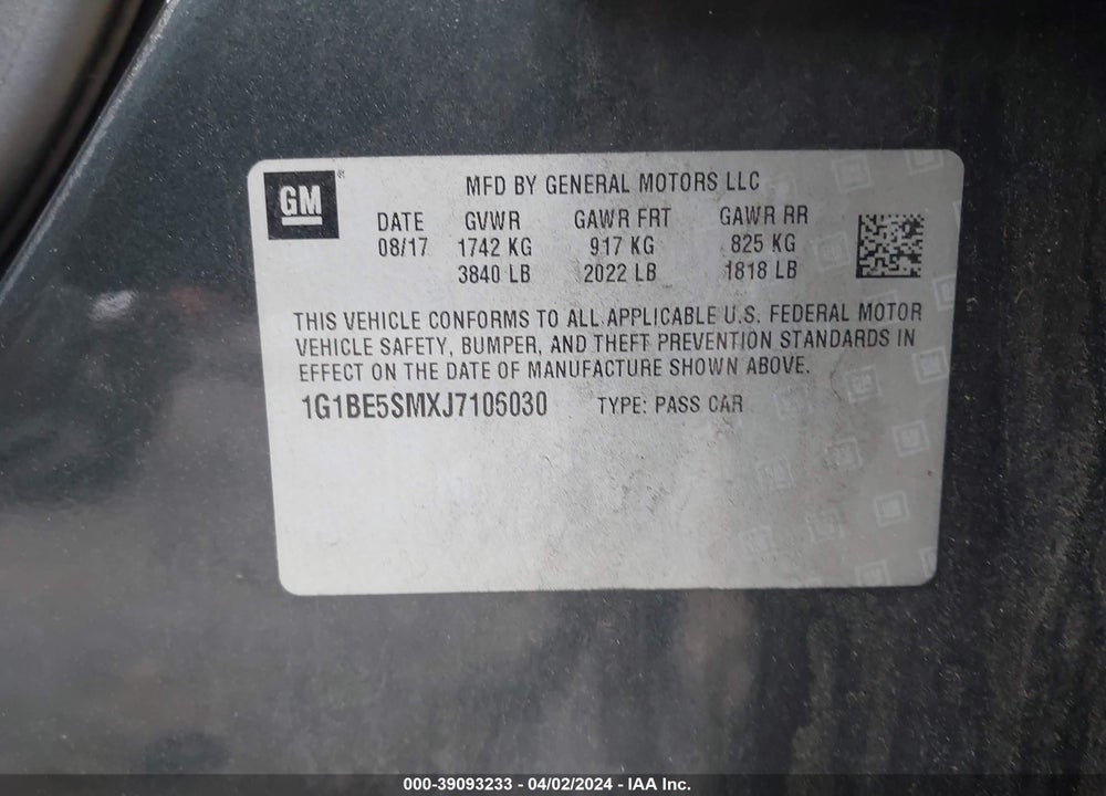 2018 CHEVROLET CRUZE LT AUTO VIN: 1G1BE5SMXJ7106030