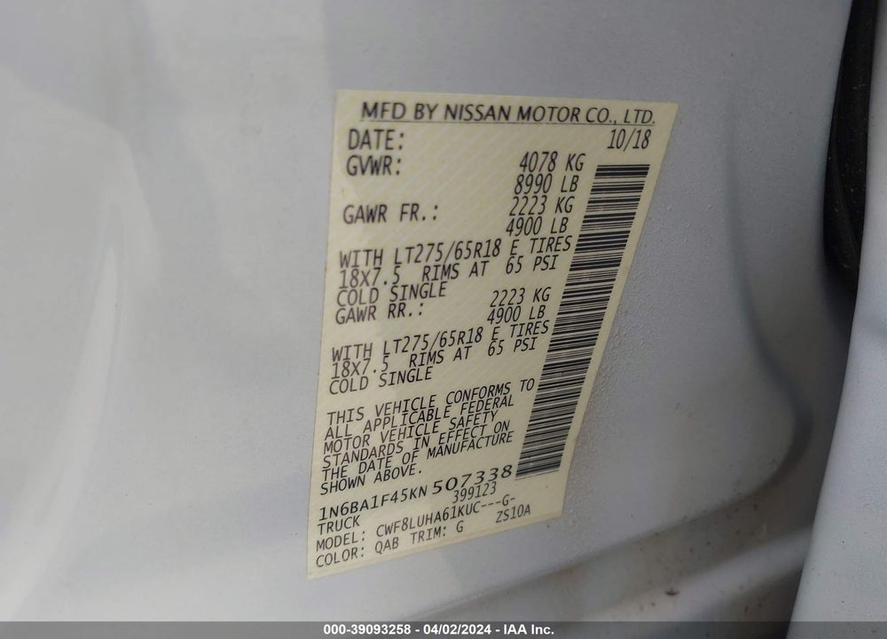 2019 NISSAN TITAN XD PRO-4X DIESEL VIN: 1N6BA1F45KN507338