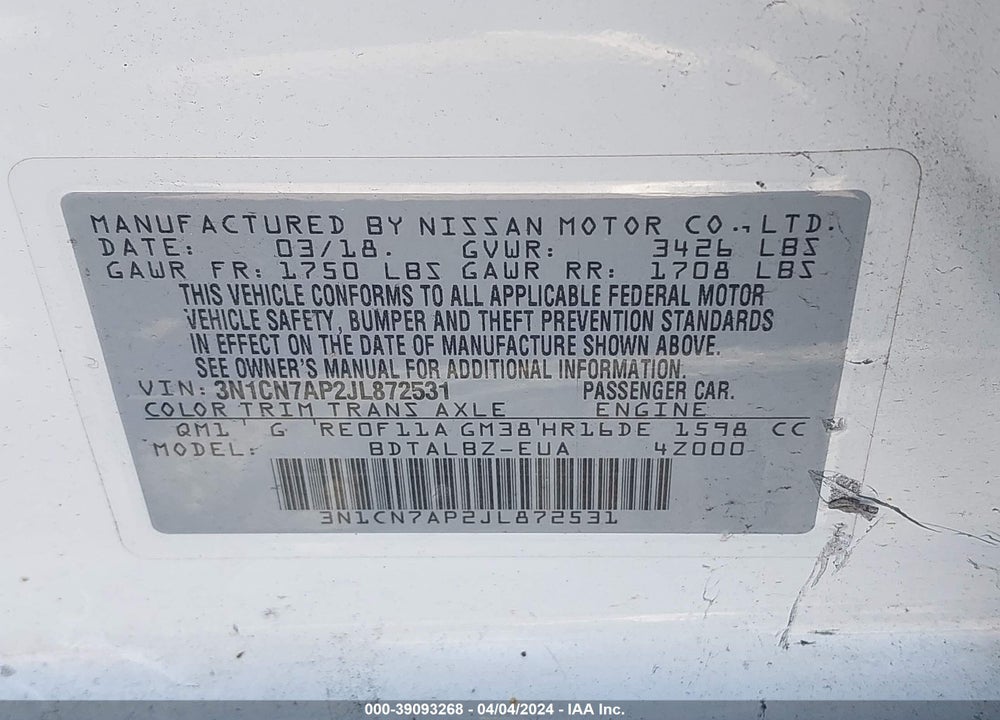 2018 NISSAN VERSA 1.6 SV VIN: 3N1CN7AP2JL872531