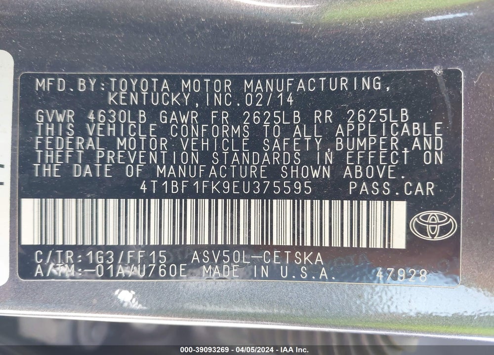 2014 TOYOTA CAMRY SE VIN: 4T1BF1FK9EU375595