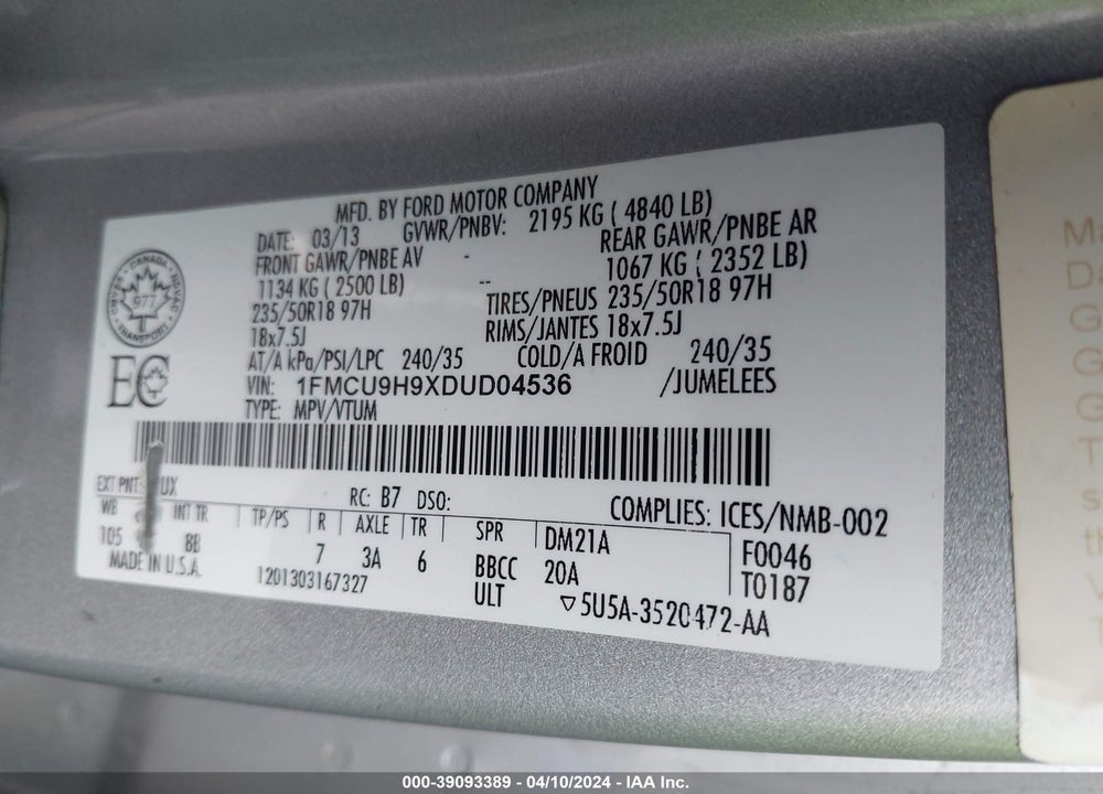 2013 FORD ESCAPE SEL VIN: 1FMCU9H9XDUD04536