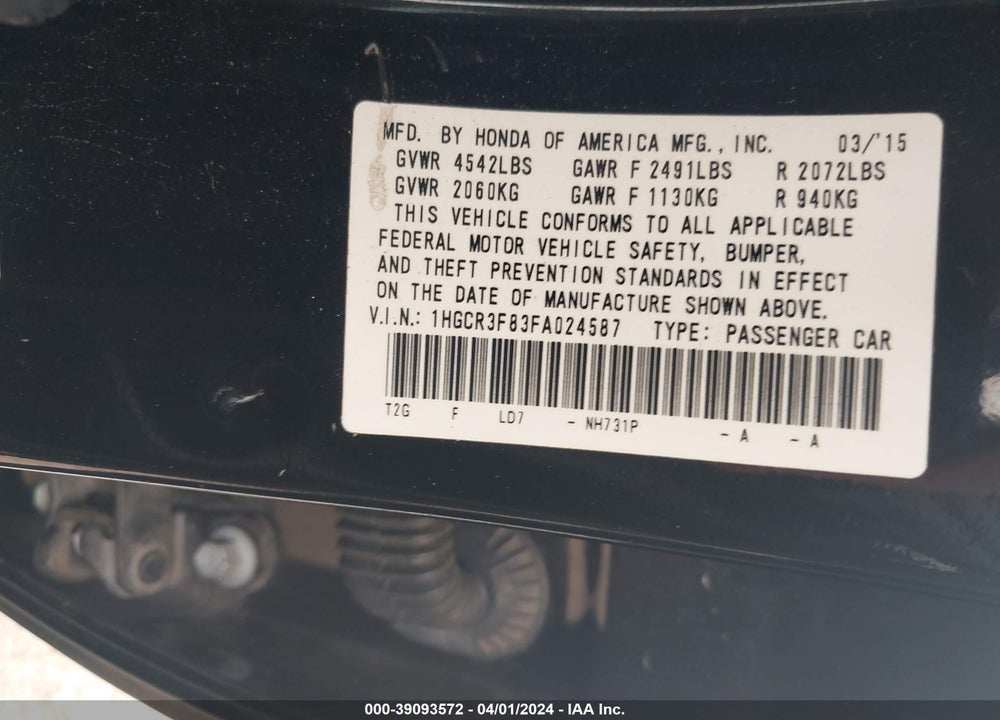 2015 HONDA ACCORD EX-L V-6 VIN: 1HGCR3F83FA024587