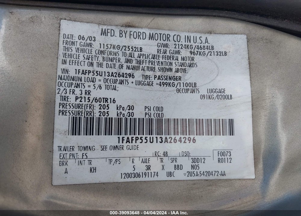 2003 FORD TAURUS SES VIN: 1FAFP55U13A264296