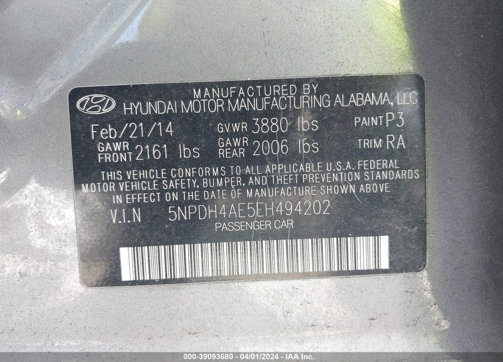 2014 HYUNDAI ELANTRA SE VIN: 5NPDH4AE5EH494202