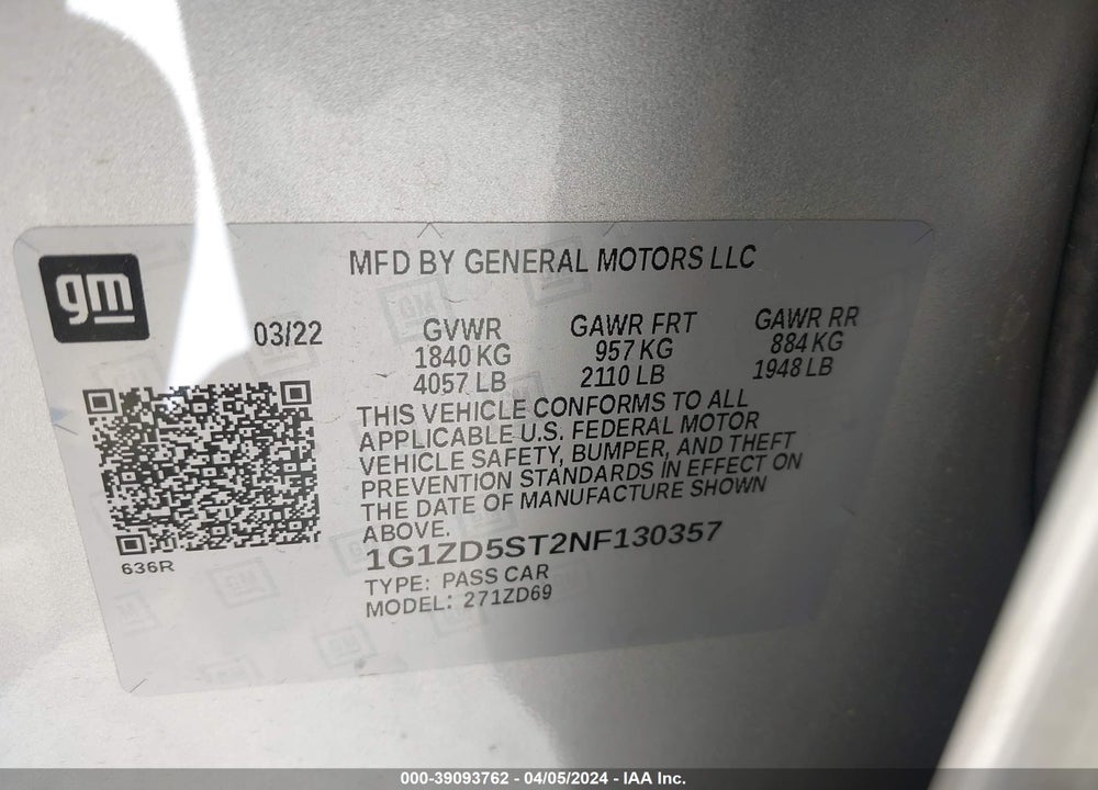 2022 CHEVROLET MALIBU FWD LT VIN: 1G1ZD5ST2NF130357