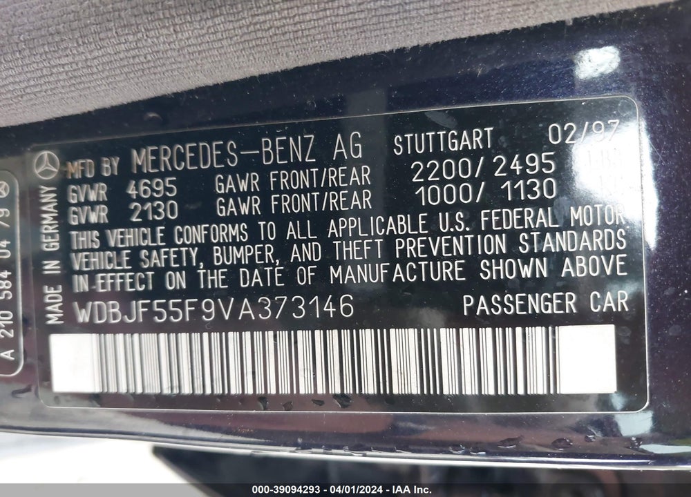 1997 MERCEDES-BENZ E 320 VIN: WDBJF55F9VA373146