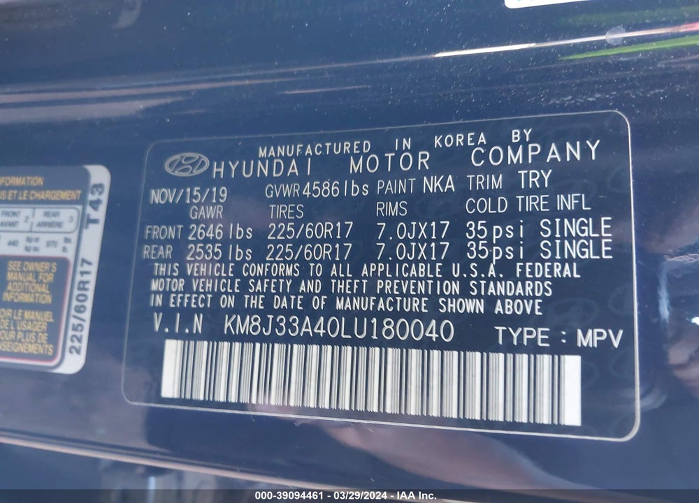 2020 HYUNDAI TUCSON VALUE VIN: KM8J33A40LU180040