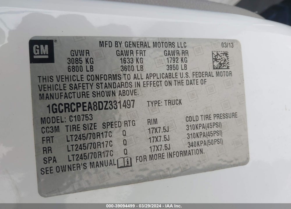 2013 CHEVROLET SILVERADO 1500 VIN: 1GCRCPEA8DZ331497