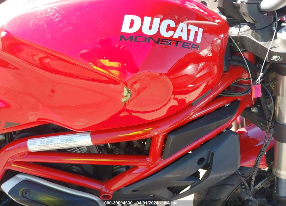 2019 DUCATI MONSTER 797 VIN: ML0MADBMXKT002846