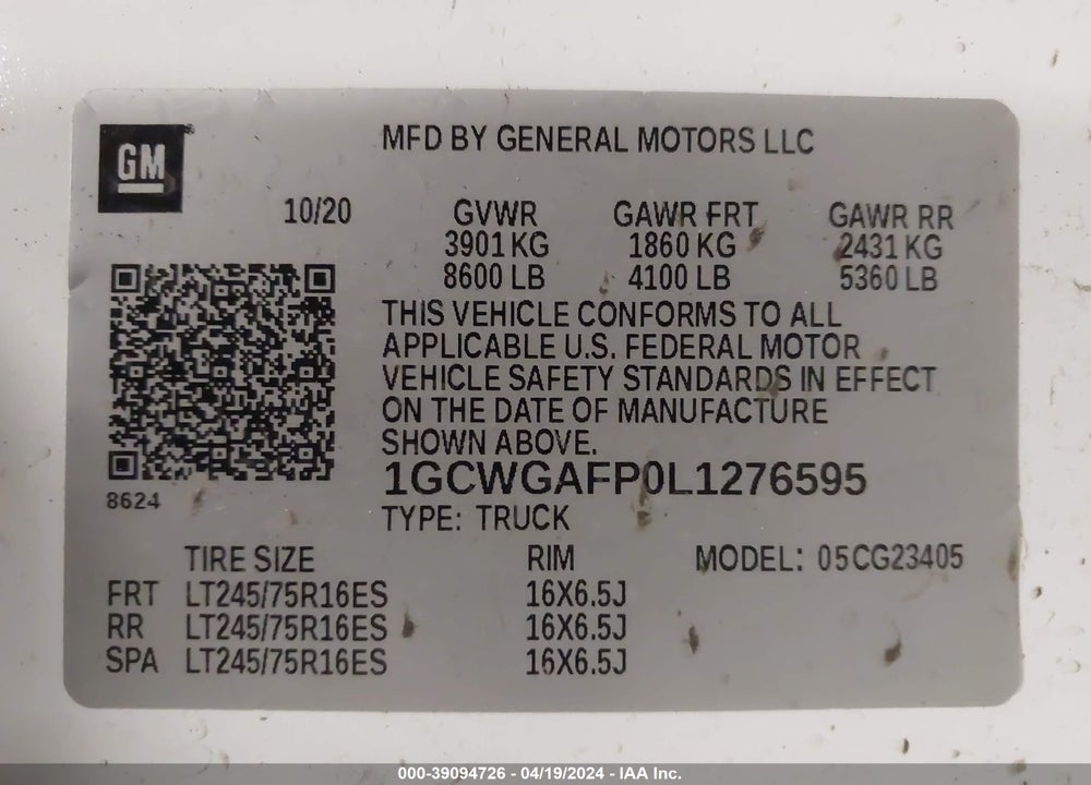 2020 CHEVROLET EXPRESS CARGO RWD 2500 REGULAR WHEELBASE WT VIN: 1GCWGAFP0L1276595