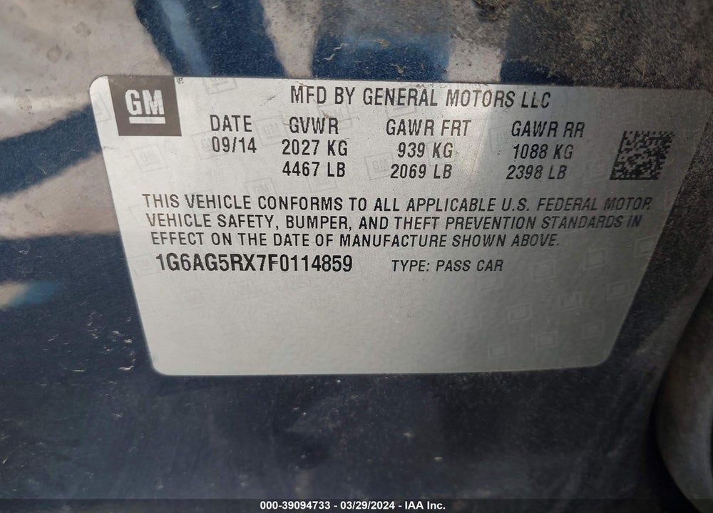 2015 CADILLAC ATS STANDARD VIN: 1G6AG5RX7F0114859