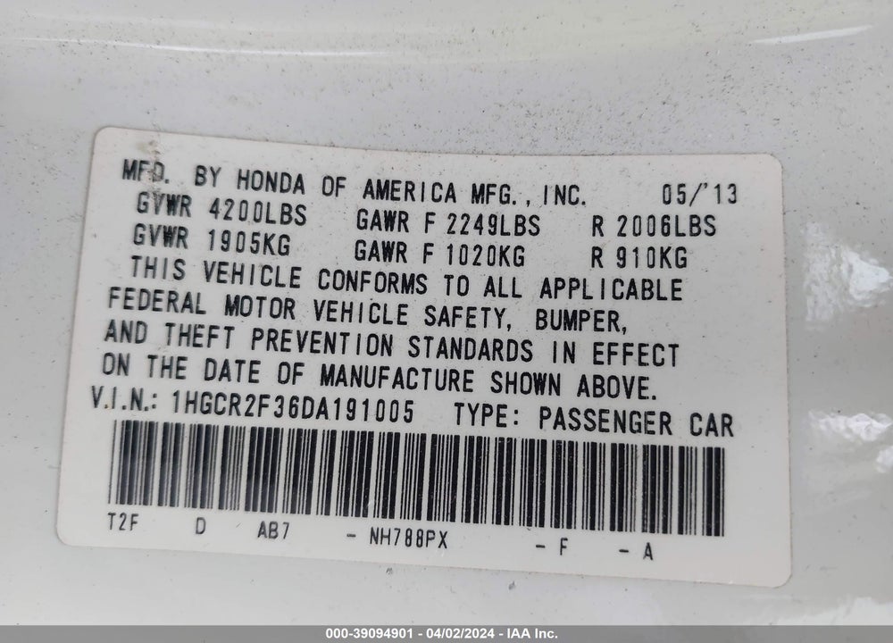 2013 HONDA ACCORD LX VIN: 1HGCR2F36DA191005