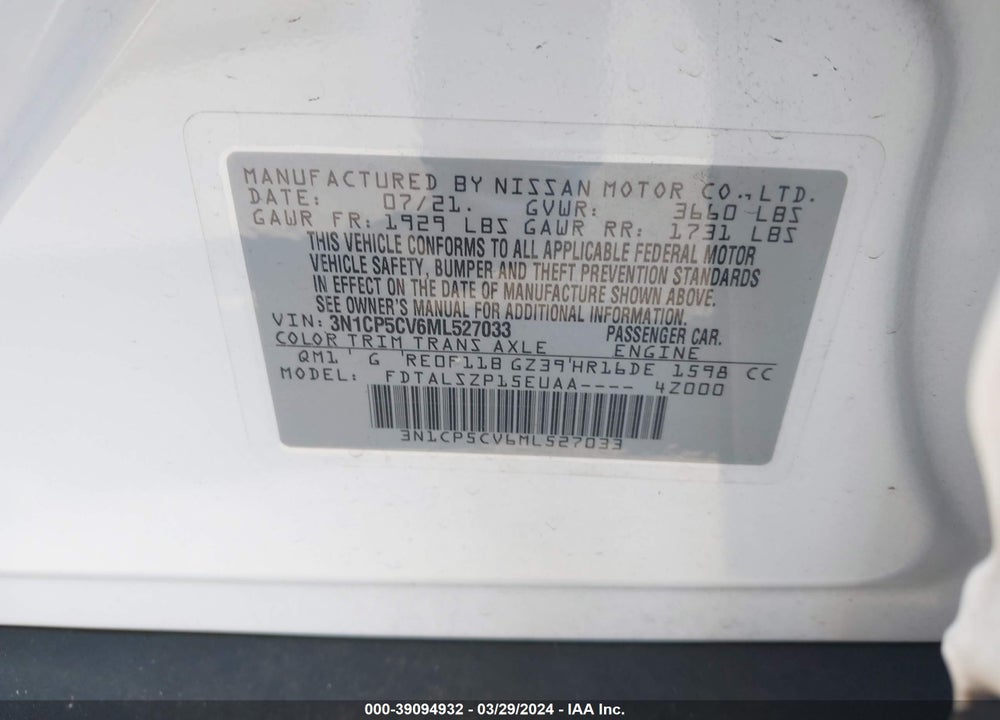 2021 NISSAN KICKS SV XTRONIC CVT VIN: 3N1CP5CV6ML527033