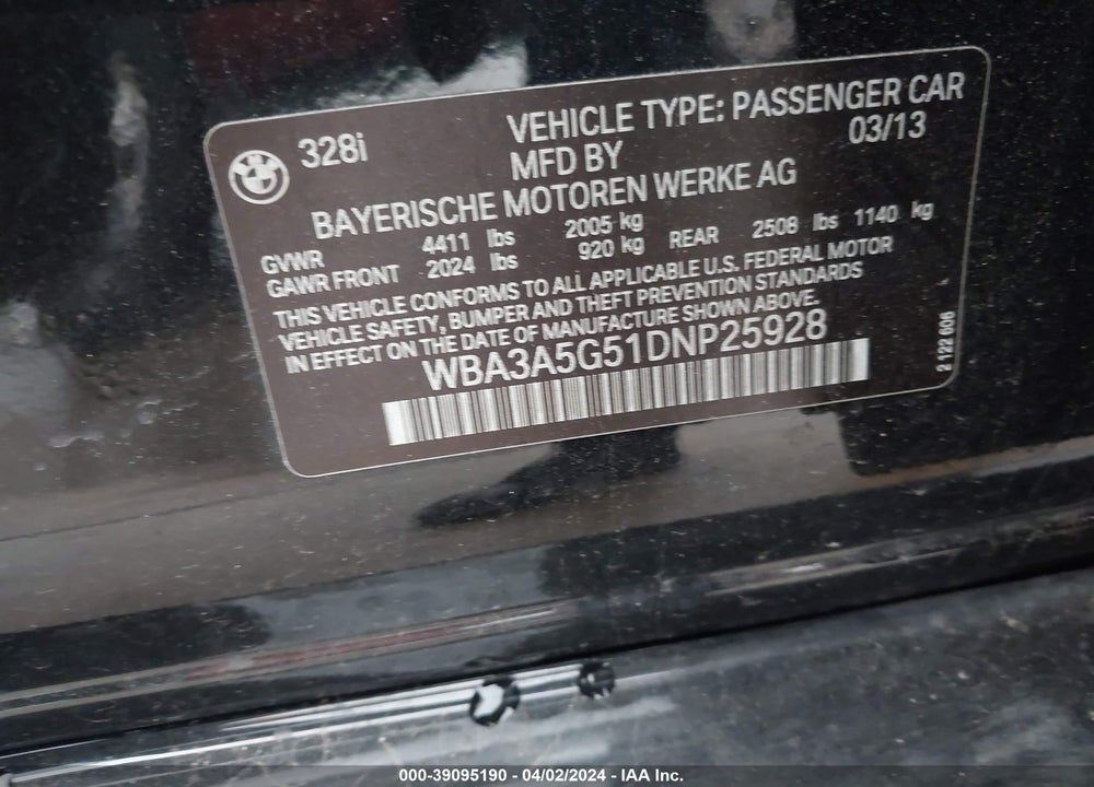 2013 BMW 328I VIN: WBA3A5G51DNP25928