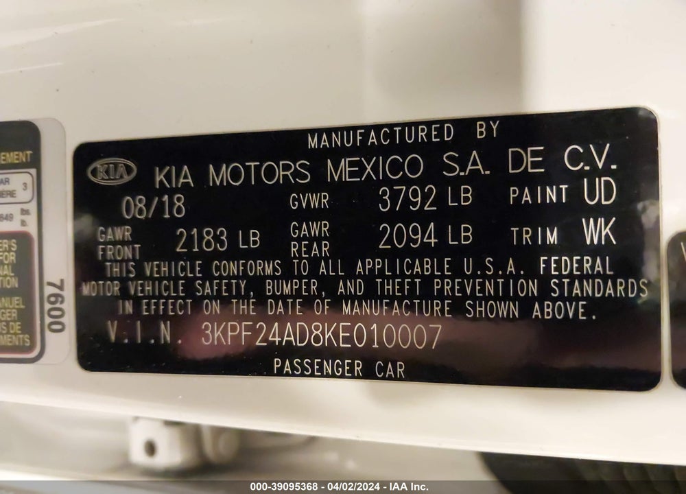 2019 KIA FORTE FE VIN: 3KPF24AD8KE010007