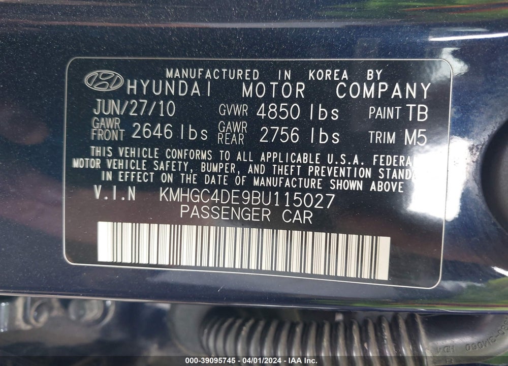 2011 HYUNDAI GENESIS 3.8 VIN: KMHGC4DE9BU115027