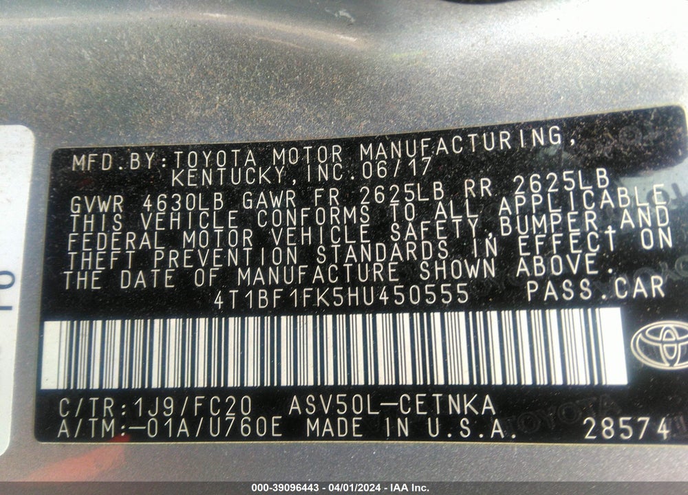 2017 TOYOTA CAMRY LE VIN: 4T1BF1FK5HU450555