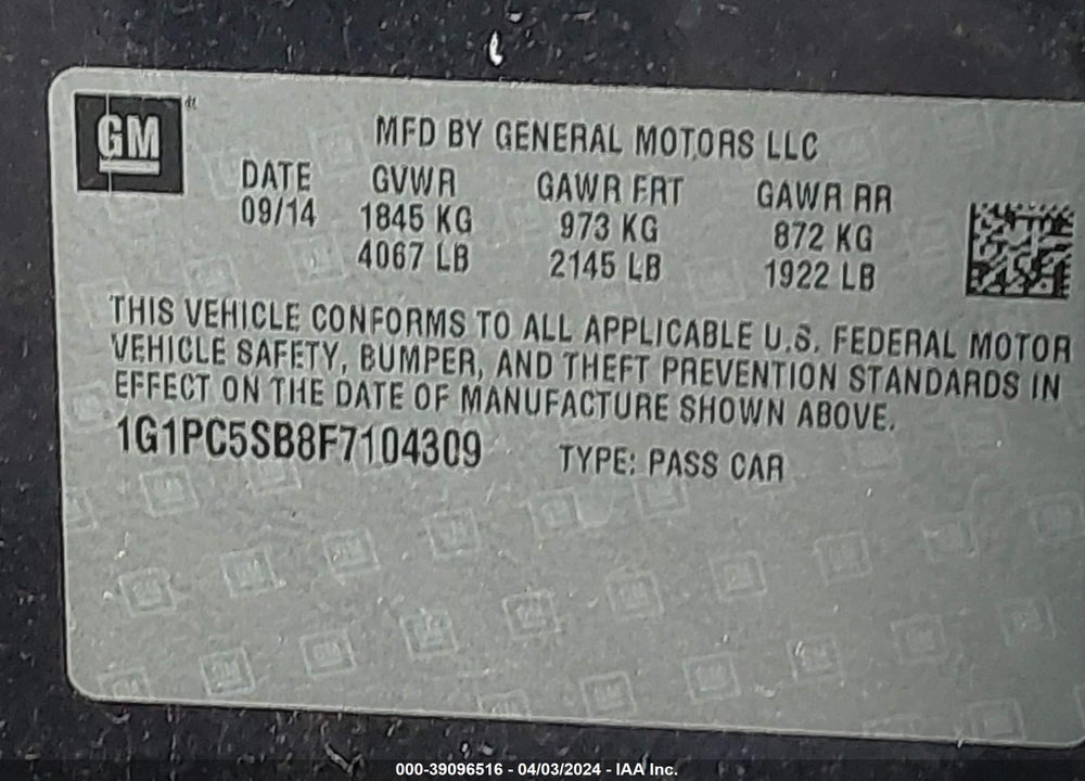 2015 CHEVROLET CRUZE 1LT AUTO VIN: 1G1PC5SB8F7104309