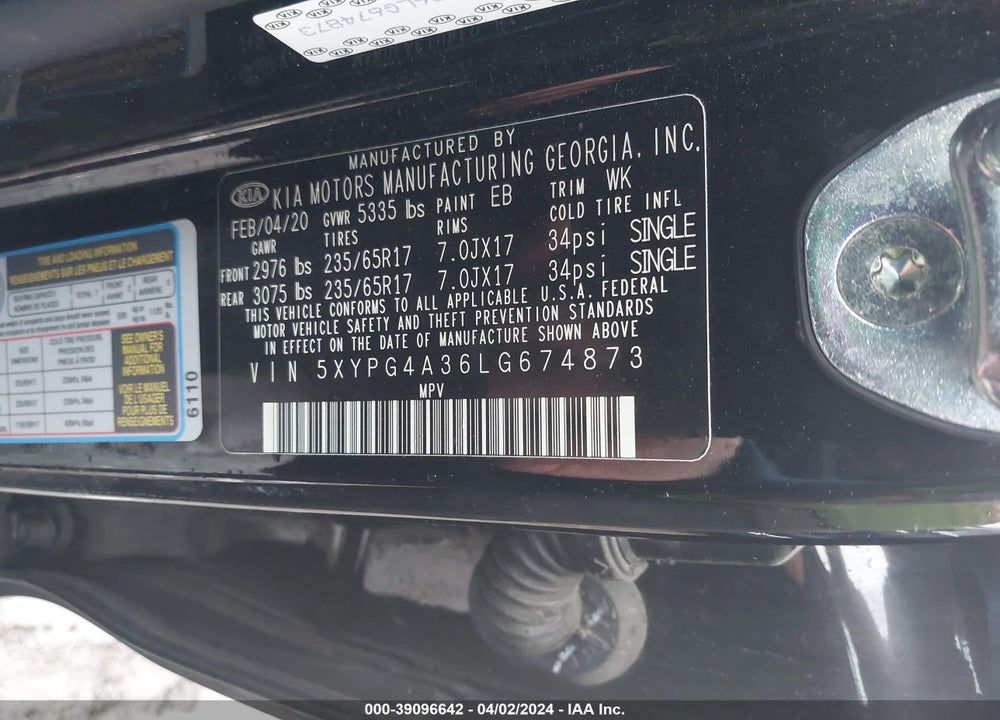 2020 KIA SORENTO 2.4L LX VIN: 5XYPG4A36LG674873
