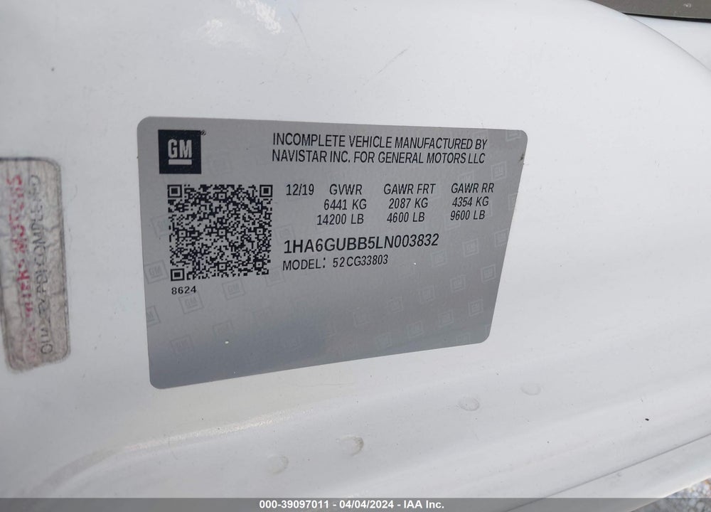2020 CHEVROLET EXPRESS CUTAWAY 4500 VAN VIN: 1HA6GUBB5LN003832