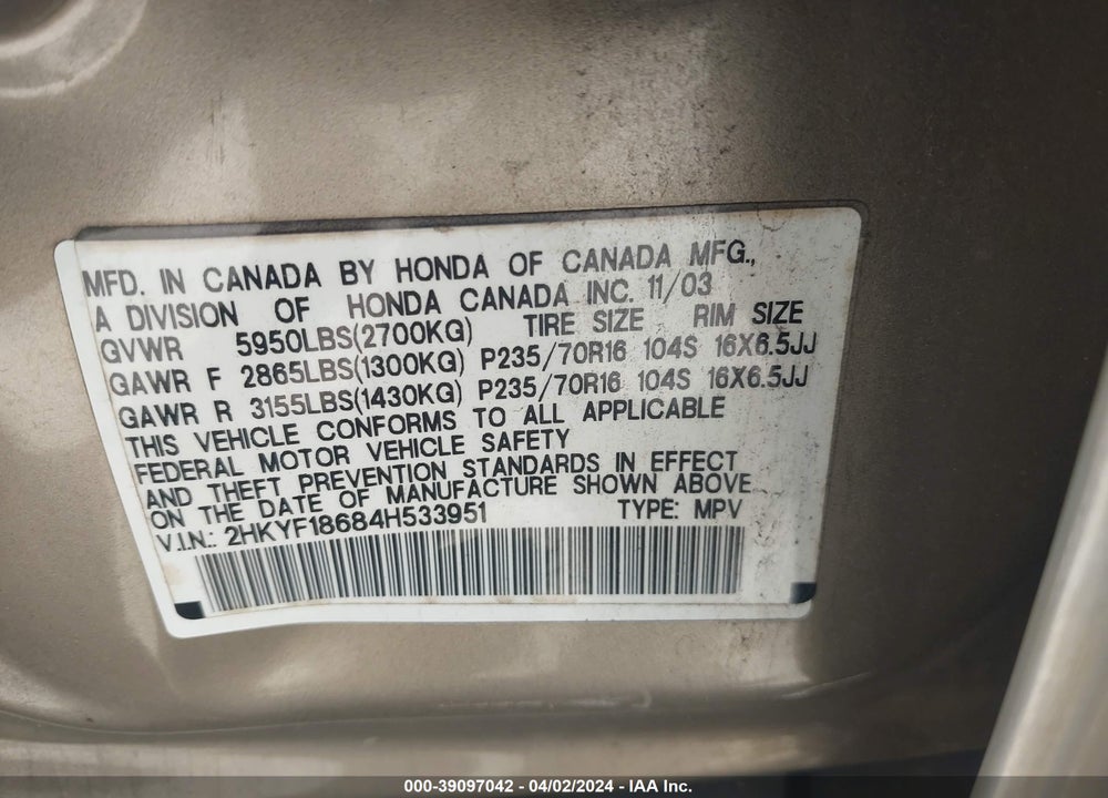 2004 HONDA PILOT EX-L VIN: 2HKYF18684H533951