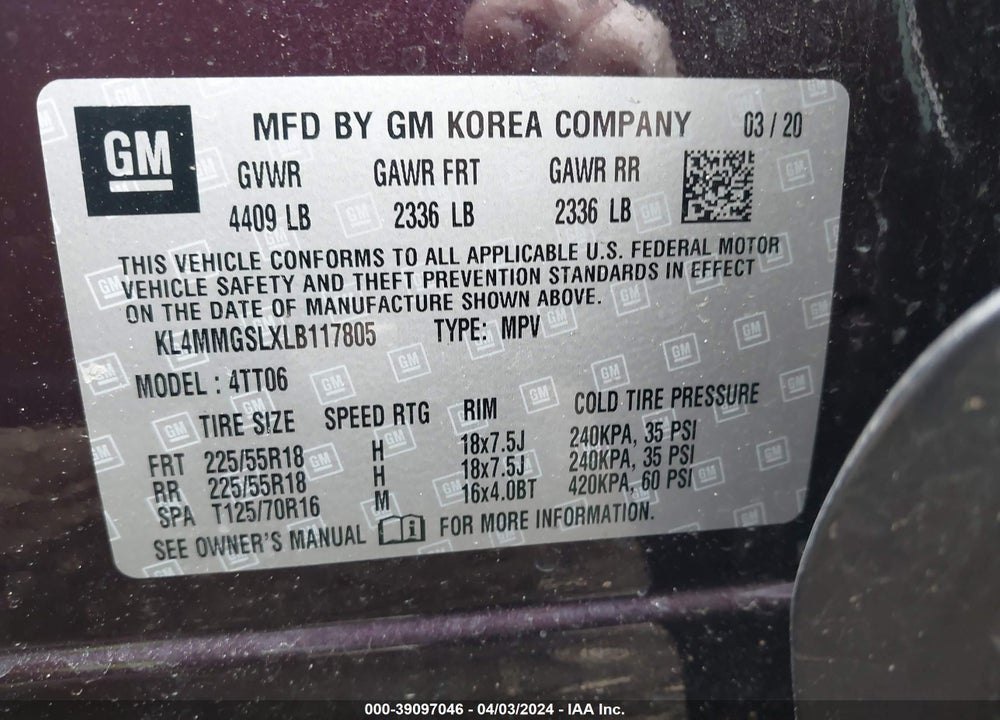 2020 BUICK ENCORE GX AWD ESSENCE VIN: KL4MMGSLXLB117805