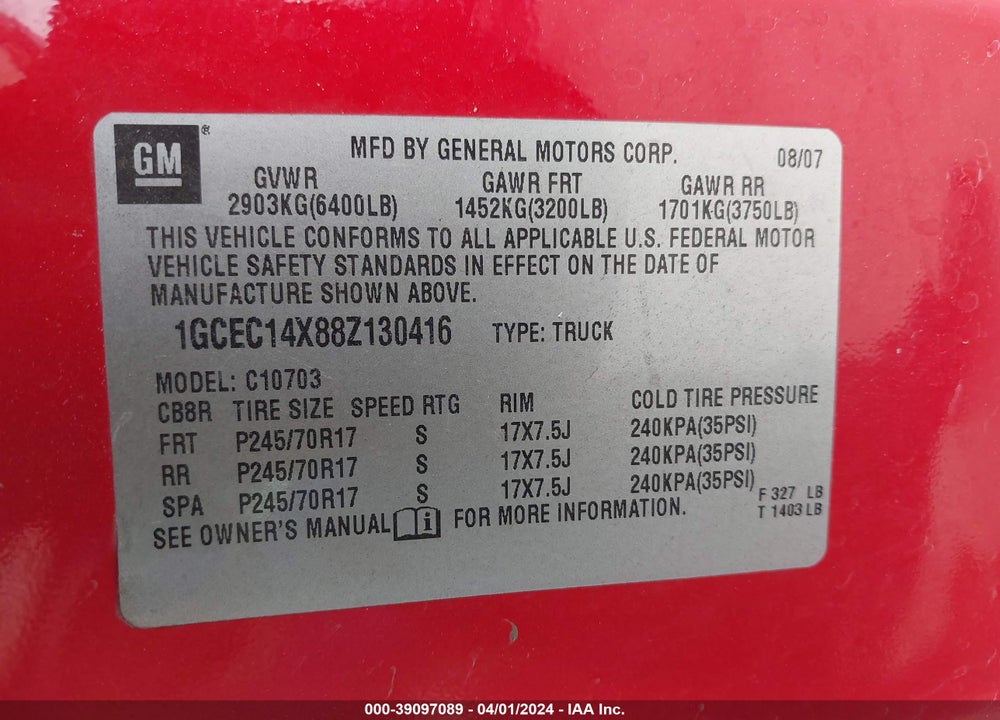 2008 CHEVROLET SILVERADO 1500 WORK TRUCK VIN: 1GCEC14X88Z130416
