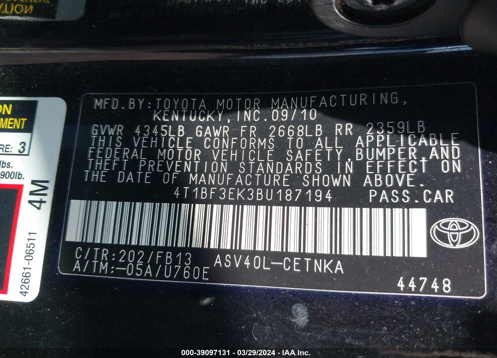 2011 TOYOTA CAMRY LE VIN: 4T1BF3EK3BU187194