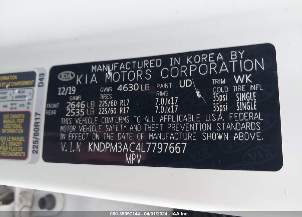 2020 KIA SPORTAGE LX VIN: KNDPM3AC4L7797667