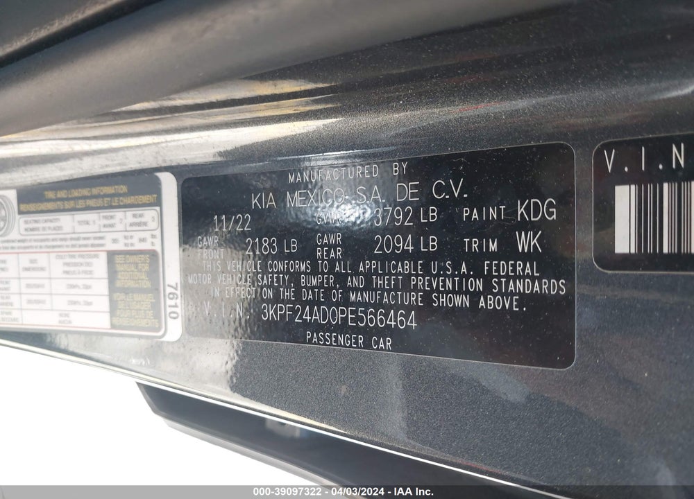 2023 KIA FORTE LXS VIN: 3KPF24AD0PE566464