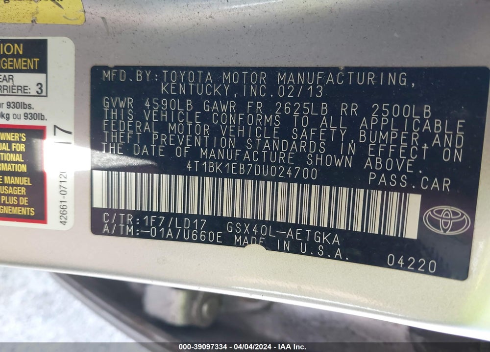 2013 TOYOTA AVALON XLE VIN: 4T1BK1EB7DU024700
