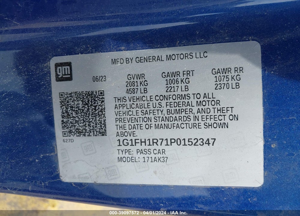 2023 CHEVROLET CAMARO RWD 2SS VIN: 1G1FH1R71P0152347