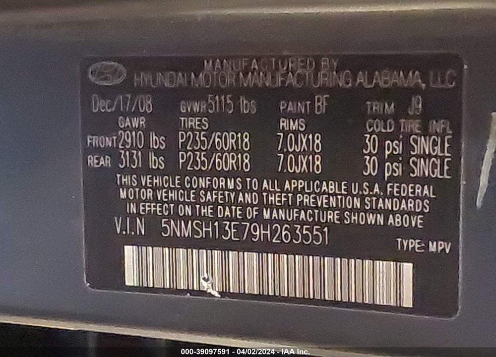 2009 HYUNDAI SANTA FE LIMITED VIN: 5NMSH13E79H263551