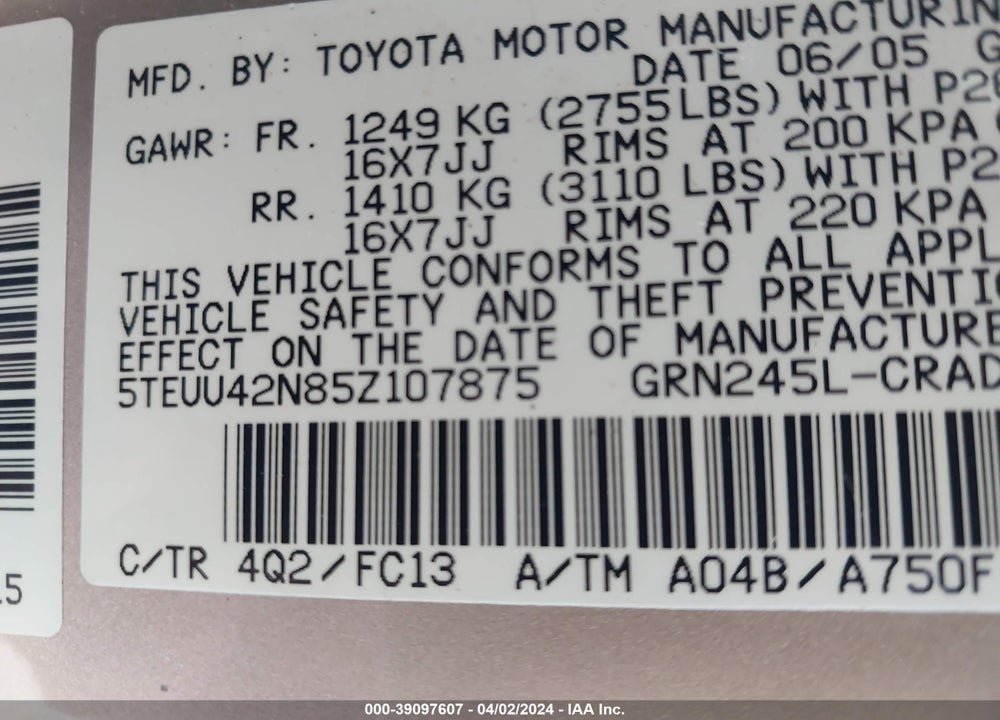 2005 TOYOTA TACOMA BASE V6 VIN: 5TEUU42N85Z107875