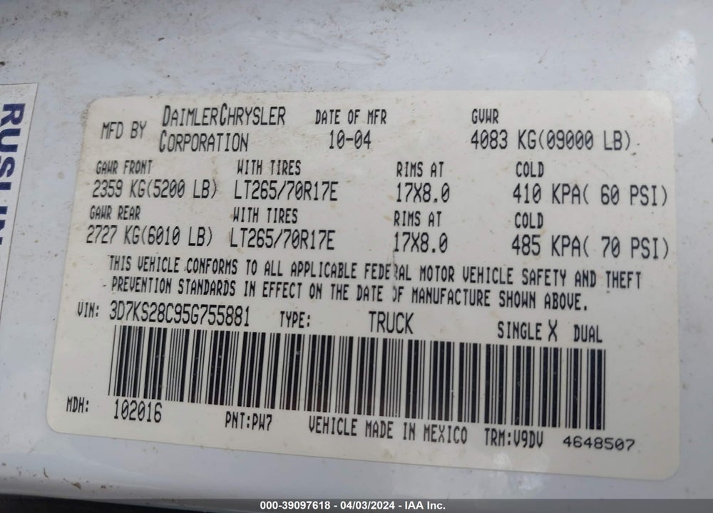 2005 DODGE RAM 2500 SLT/LARAMIE VIN: 3D7KS28C95G755881