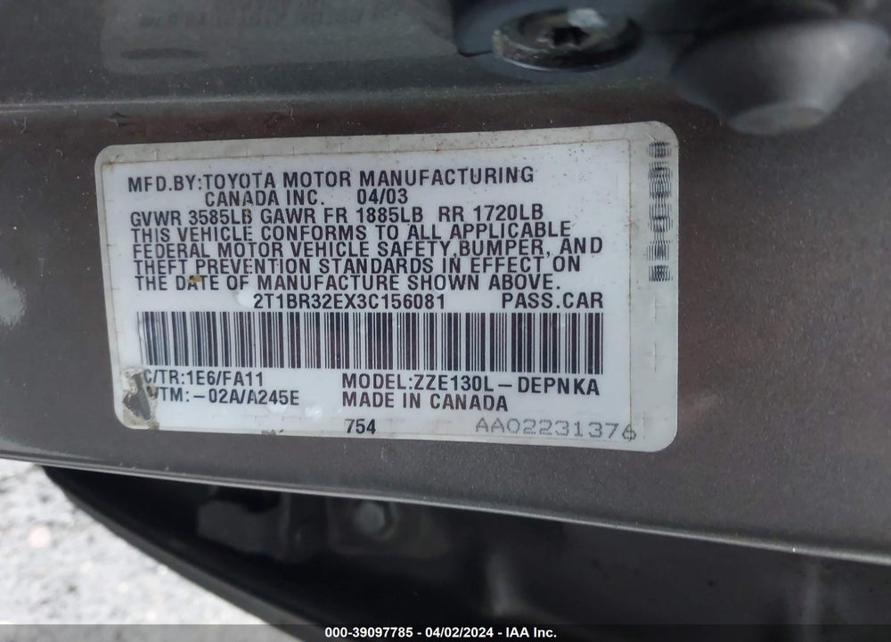 2003 TOYOTA COROLLA LE VIN: 2T1BR32EX3C156081