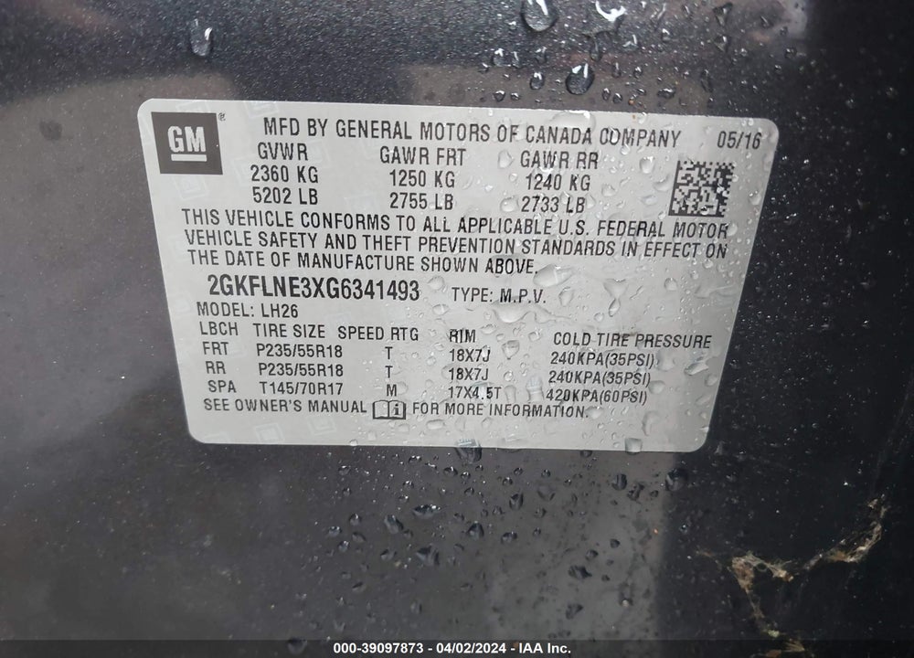 2016 GMC TERRAIN SLE-2 VIN: 2GKFLNE3XG6341493