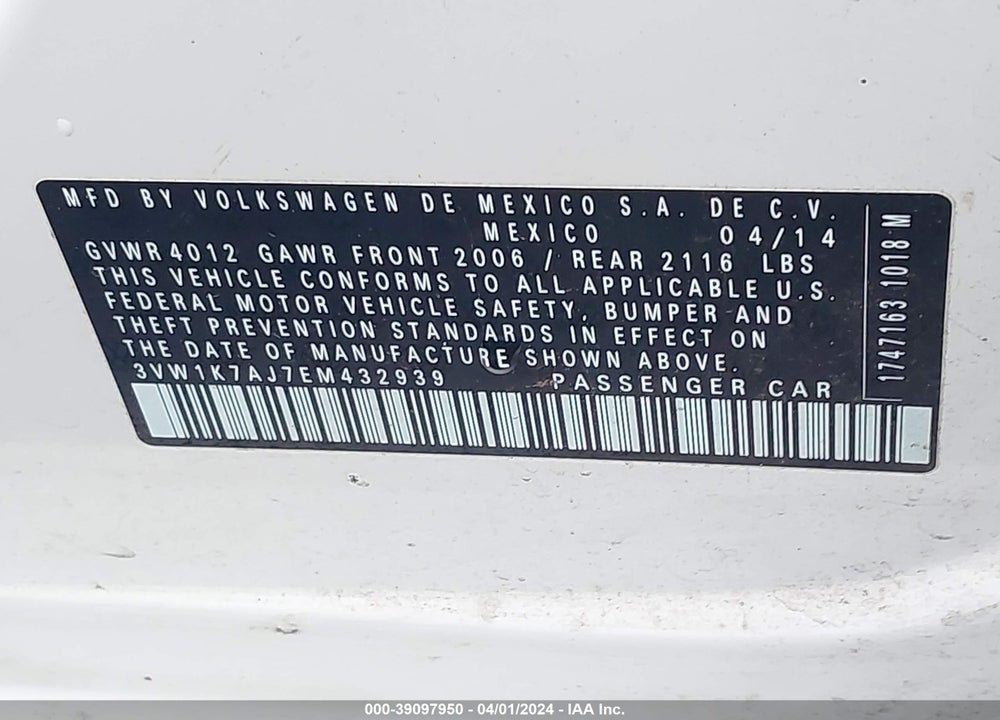 2014 VOLKSWAGEN JETTA 2.0L S VIN: 3VW1K7AJ7EM432939