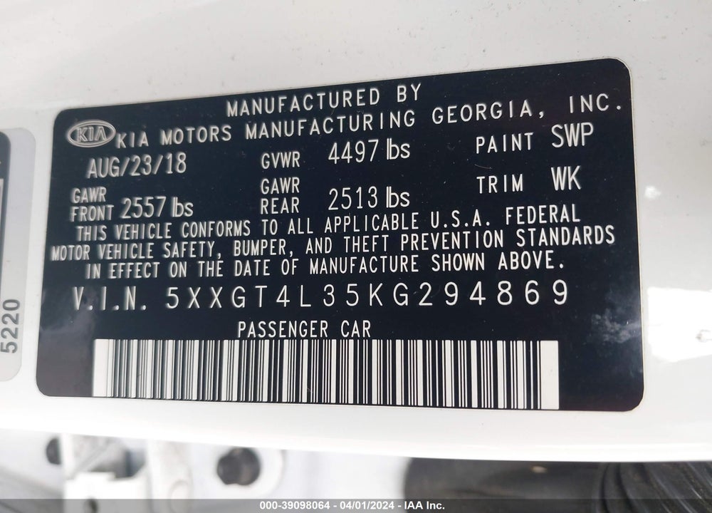 2019 KIA OPTIMA LX VIN: 5XXGT4L35KG294869