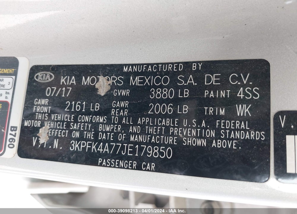 2018 KIA FORTE LX VIN: 3KPFK4A77JE179850
