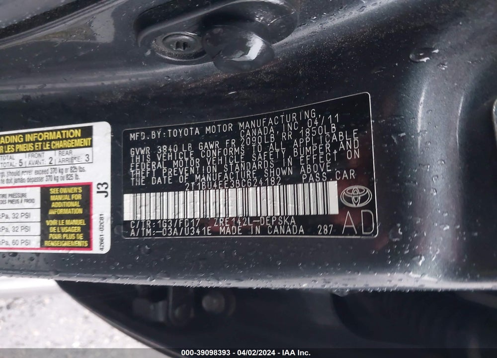 2011 TOYOTA COROLLA S VIN: 2T1BU4EE3BC624182