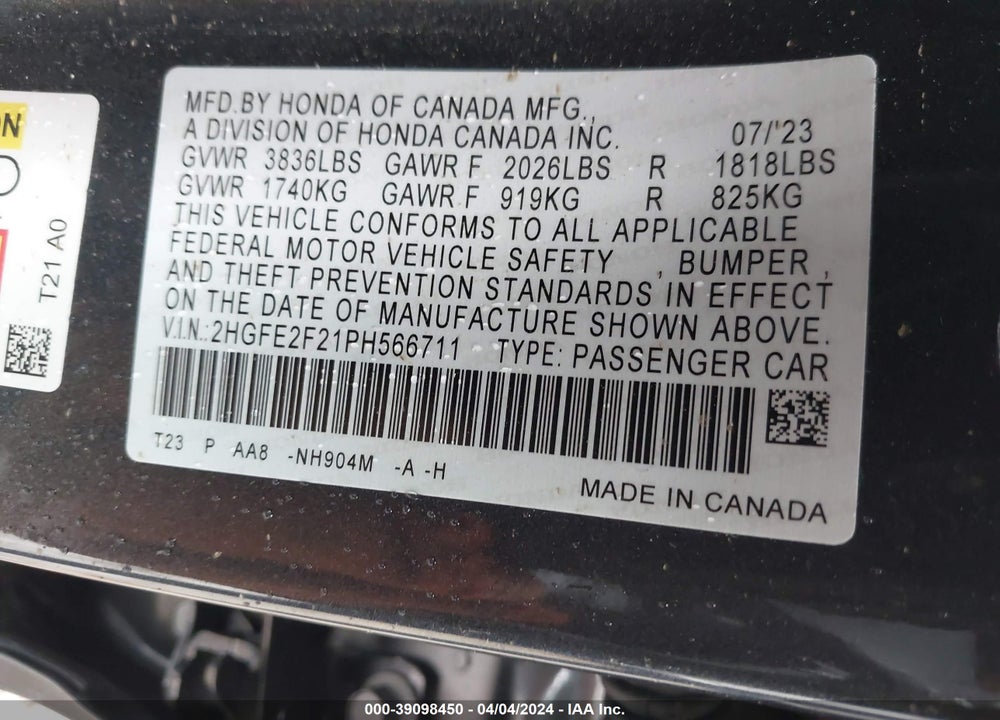 2023 HONDA CIVIC LX VIN: 2HGFE2F21PH566711