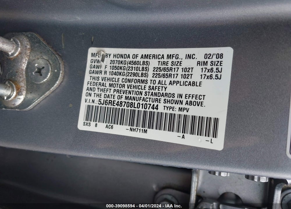2008 HONDA CR-V VIN: 5J6RE48708L010744