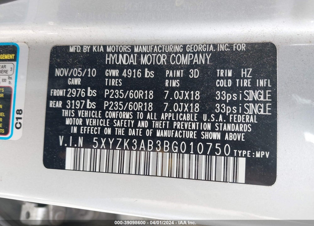 2011 HYUNDAI SANTA FE LIMITED VIN: 5XYZK3AB3BG010750