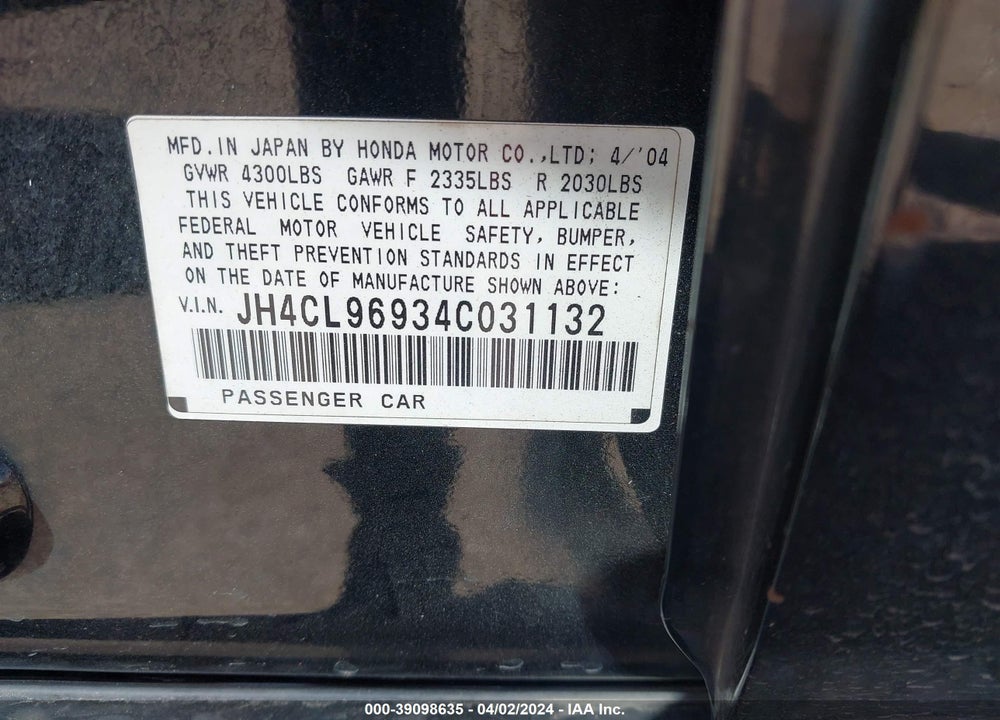 2004 ACURA TSX VIN: JH4CL96934C031132
