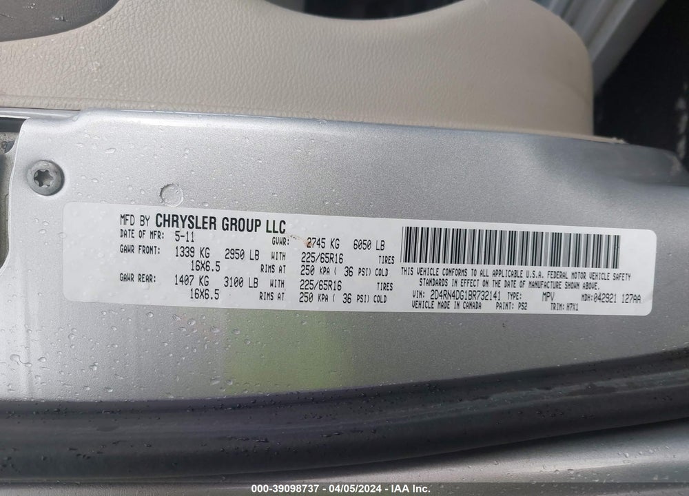 2011 DODGE GRAND CARAVAN EXPRESS VIN: 2D4RN4DG1BR732141
