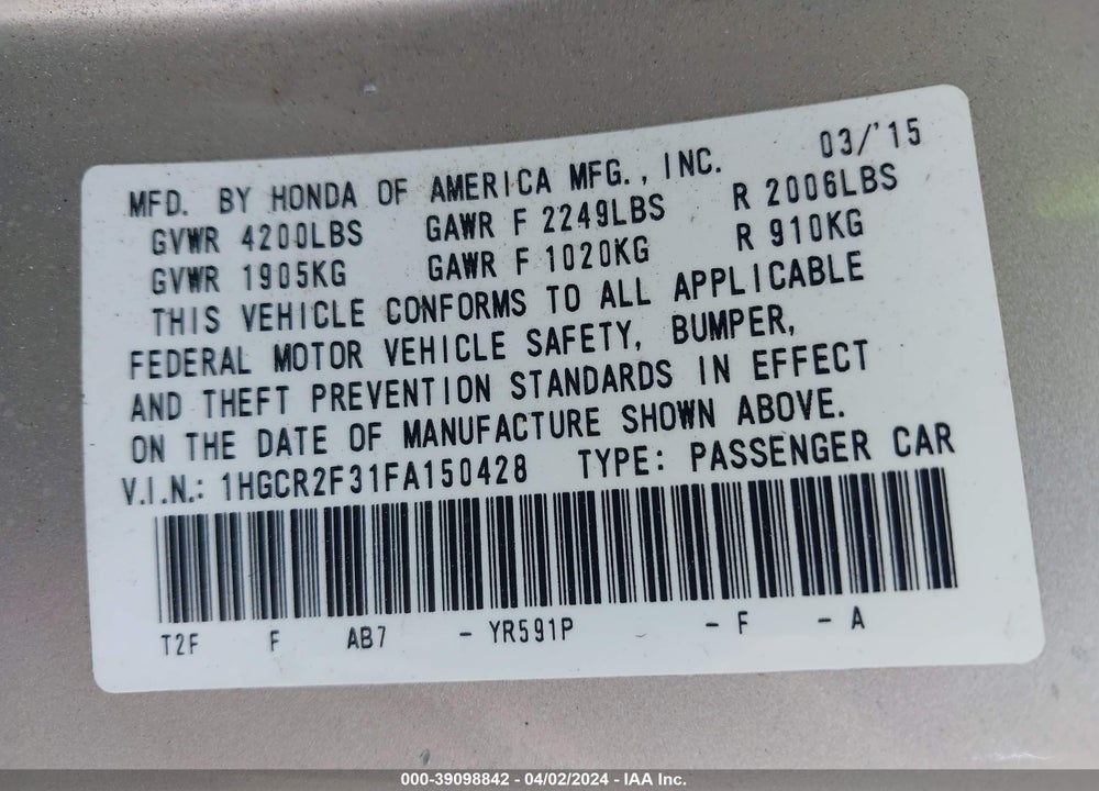 2015 HONDA ACCORD VIN: 1HGCR2F31FA150428